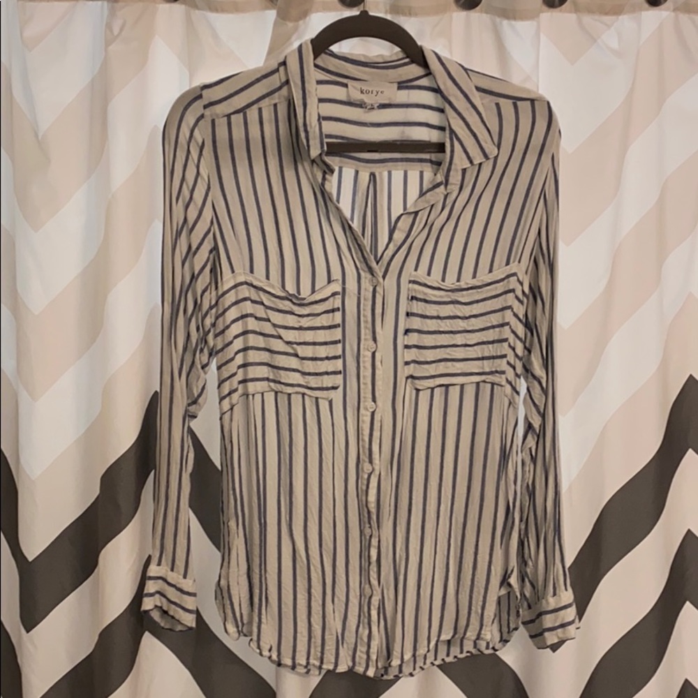 Blue and White Striped Rayon Button Down Blouse